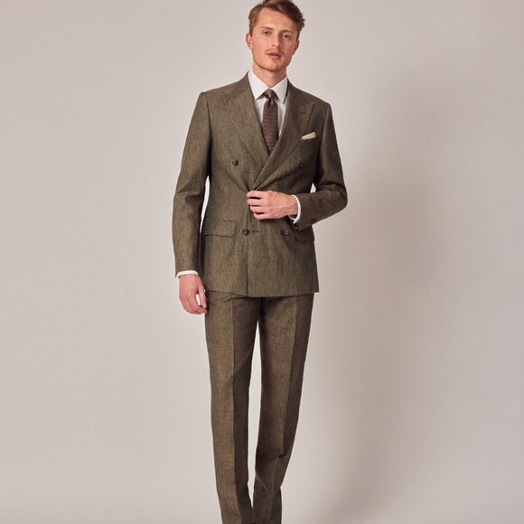Mens Linen Suit For Beach Wedding - Summer Suit in Dark Green Tailored Fit - Picture 1 of 15